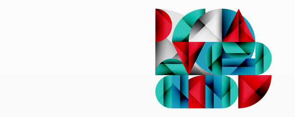 Wall Mural - abstract geometric shapes, red, blue, teal, white. overlapping triangles, rectangles, curves create 
