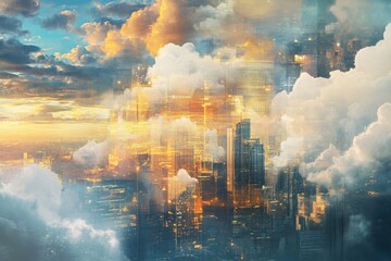 Wall Mural - cityscape merged with clouds in an abstract painting depict a seamless flow of information between d
