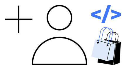 User icon linked to a plus sign, coding brackets, and shopping bags. Ideal for digital identity, coding, e-commerce, user management, tech software development and purchases. Modern abstract line