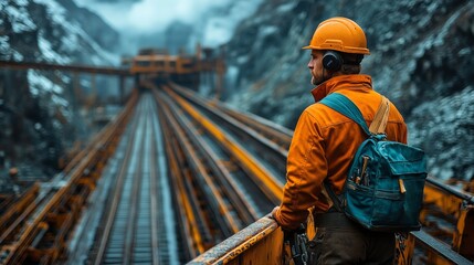Fototapete - A mining professional stands on a platform overlooking a sprawling excavation site, surrounded by rugged terrain and heavy machinery, as clouds loom above the quarry.