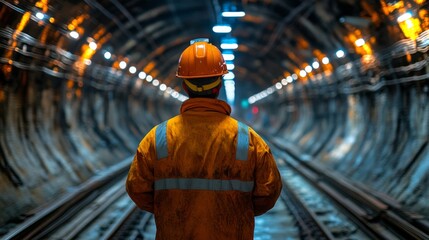 Poster - A mining worker in safety gear surveys the interior of a dimly lit underground tunnel, focusing on the infrastructure used for mineral extraction and excavation processes.