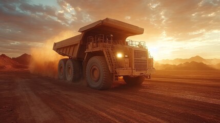 Aufkleber - A powerful dump truck is actively moving on a mining site, transporting valuable minerals as the sun sets, casting an orange glow over the dusty landscape and surrounding hills.
