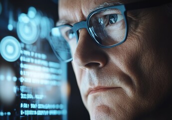 A futuristic scene, a close-up of a person's face, a holographic screen with digital code and data in the background, high-tech and futuristic atmosphere