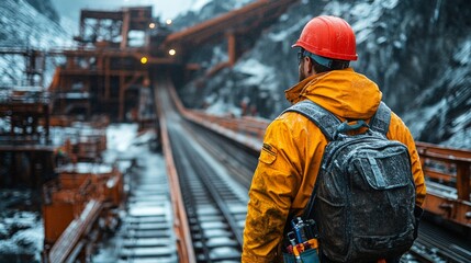 Leinwandbilder - Worker stands on railway track observing the mining site surrounded by machinery, equipment, and rocky terrain in cloudy conditions with moisture present.
