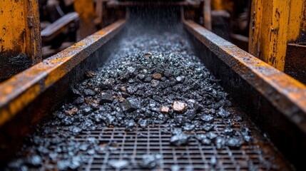 Leinwandbilder - Crushed minerals are transferred along a conveyor belt within a mining facility, with water and debris visibly washing over the rocks during extraction processes, highlighting industrial operations.
