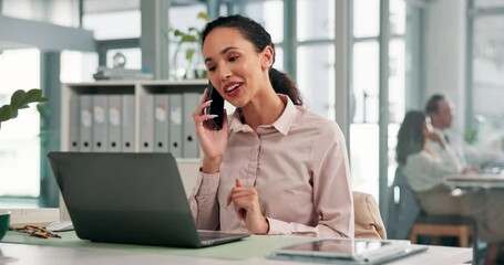 Poster - Businesswoman, talking or laptop with phone call for networking, schedule and administration. Research, update or female administrator with mobile for planning agenda, communication or appointment