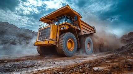 Aufkleber - Heavy duty dump truck maneuvers through a quarry site, transporting mined materials while dust clouds rise in the air against a dramatic sky, illustrating the scale of excavation activities.