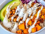 Healthy Quinoa & Avocado Bowl: Nutritious Vegan Meal with Grilled Sweet Potato and Chickpeas