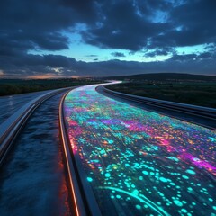 Aufkleber - A Cyberpunk Road to the City of Lights: A Futuristic Landscape at Twilight's Edge