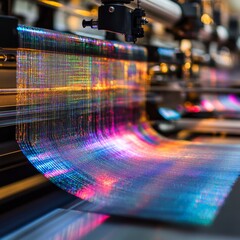 Aufkleber - Automated Weaving Loom Creating Iridescent Fabric with Precision Manufacturing and Vibrant Colors