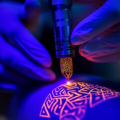 Leinwandbilder - Close-up of Advanced Tattoo Machine Etching Glowing Pattern with Gloved Hands Under Ultraviolet Light