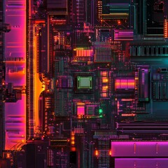 Poster - Illuminated Intricacies: A Neon-Lit Journey Through Circuit Boards and Motherboard Complexities in Vibrant Detail