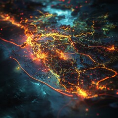 Aufkleber - Networked World: A Digital Visualization of Global Connectivity and Data Flow Across a Detailed Topographical Map.