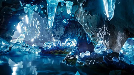 Wall Mural - crystal cave with levitating gems, shimmering walls, and luminous pools