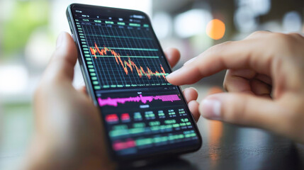 A person is using a smartphone to verify a banking transaction. The screen displays a detailed financial statement with graphs and charts. The setting suggests a focus on secure banking activities.