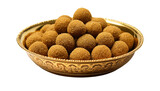 A golden bowl filled with many round laddu sweets stacked high in a decorative bowl on  on transparent background png