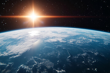 Wall Mural - beautiful blue planet with a bright sun shining on it. the sun's rays create a warm and inviting atm