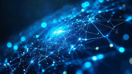 Abstract network of blue lines and dots connecting in a complex technological structure view