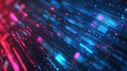 Abstract digital data stream with pink and blue lights flowing diagonally across the frame