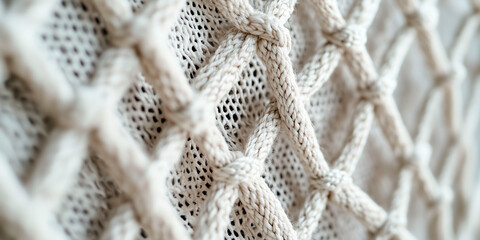 Closeup of a handmade rope net with knots and woven texture in neutral natural tones