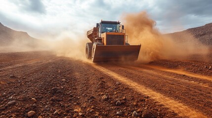 Aufkleber - A large bulldozer moves across a barren mining landscape, kicking up dust as it performs excavation work in search of valuable minerals, under a cloudy sky.