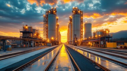 Leinwandbilder - Sunset light illuminates a mining and extraction facility featuring large silos and railway tracks reflecting water, highlighting the industrial operations and infrastructure.