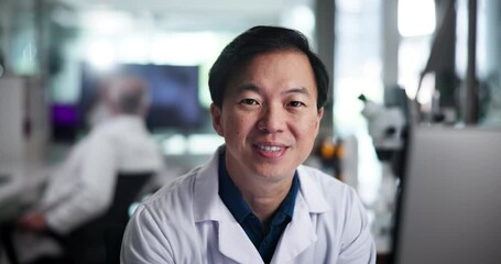 Aufkleber - Face, happy man or Asian scientist on computer for test research, development or innovation. Portrait, smile or medical science with biotechnology for vaccine, microbiology or project in laboratory