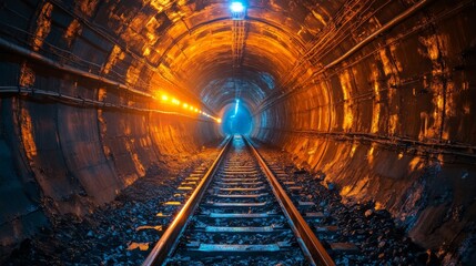 Fototapete - A mining tunnel reveals illuminated tracks that stretch toward a distant exit, highlighting the environment of mineral extraction and the complexity of underground infrastructure.