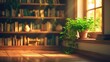 © Holo Frame - Blurred background of a tranquil home library showcasing wooden shelves loaded with books, gentle sunlight, and small indoor plants.