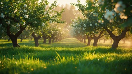 Poster - Incredible decorative garden featuring blooming lush trees on a sunny day. Scenic view of trees in a dramatic garden. Beauty of earth.