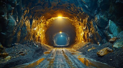 Leinwandbilder - Bright lights illuminate the walls of a deep underground tunnel where mineral extraction and processing are taking place, revealing rocky textures and muddy paths.