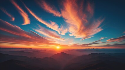 Aufkleber - Horizon panoramic view of mountains with a dramatic sky and cloud backdrop.