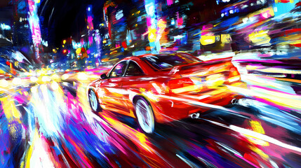 Wall Mural - sleek car drifts through vibrant, neon lit cityscape, leaving trails of light in its wake. dynamic m