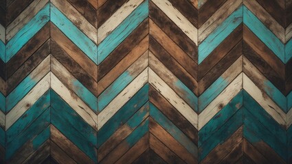 Aufkleber - Grunge parquet flooring featuring a chevron pattern. Aged wood texture backdrop. Continuous vintage wooden wall. Old, rough wooden surface.