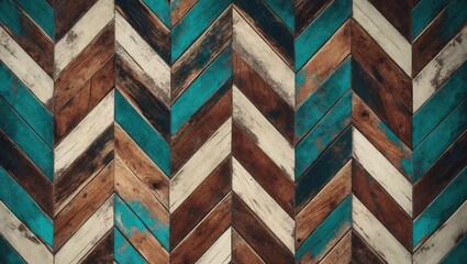 Aufkleber - Grunge parquet flooring featuring a chevron pattern. Aged wood texture background. Continuous vintage wooden wall. Weathered rough wooden surface.
