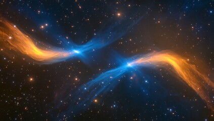 Wall Mural - cosmic nebulae intertwined in deep space. two swirling nebulae, vibrant blue and orange, dance amids