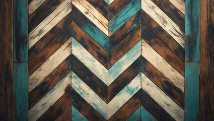 Aufkleber - Grunge parquet flooring featuring a chevron design. Aged wood texture backdrop. Continuous vintage wooden paneling. Old uneven wooden surface.