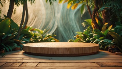Poster - Cosmetics product display stand. Wooden exhibition podium in a backdrop featuring palm leaves and shadows. Vacant pedestal for showcasing product packaging. Mockup