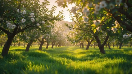 Poster - Stunning decorative garden featuring blooming lush trees on a bright day. Picturesque scene of trees in an impressive garden. Natural beauty of Earth.