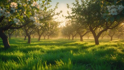 Poster - Incredible ornamental garden featuring blooming lush trees on a sunny day. Scenic view of trees in a dramatic garden. Beauty of Earth.