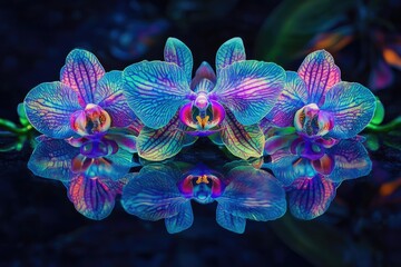 three vibrant iridescent orchids reflected in dark water, showcasing their intricate details and cap