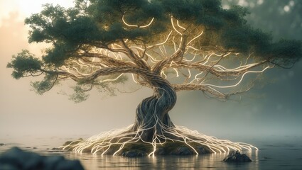 Wall Mural - neural network tree: a combination of natural and technological elements