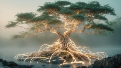 Wall Mural - neural network tree combining natural and technological elements