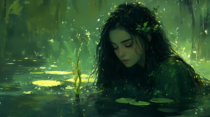Wall Mural - dark green depths, shimmering light, wistful gaze , peaceful, enigmatic, algae. wistful decay. illus