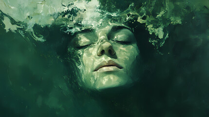 Wall Mural - dark green depths, shimmering light, wistful gaze , peaceful, enigmatic, algae. wistful decay. illus