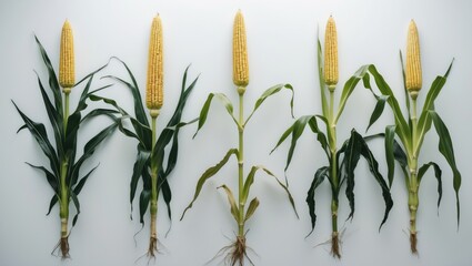 Poster - Corn plant growing alone on a white backdrop for garden design. The growth of young plants, from seedling to maturity, ready for harvest.