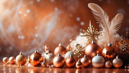 Fototapete - Copper-toned festive backdrop showcasing golden elements, Christmas ornaments, decorative details, and feathers.