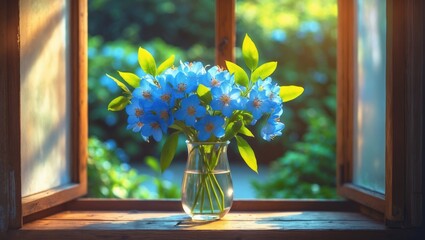 Aufkleber - colorful flower in glass vase on antique wooden windowsill