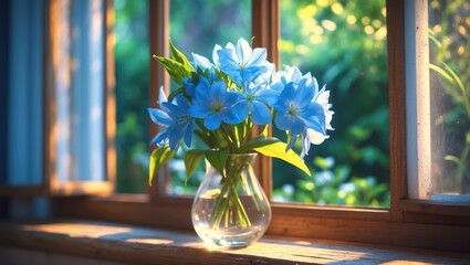 Aufkleber - Colorful flower arrangement in a glass vase on a vintage wooden windowsill.