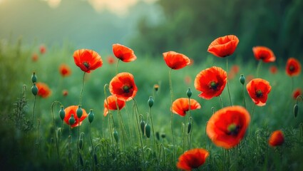 Aufkleber - A vibrant field filled with red poppies extends infinitely, their brilliant petals swaying in the sunlight, forming a stunning, picturesque display of natural beauty and tranquility.